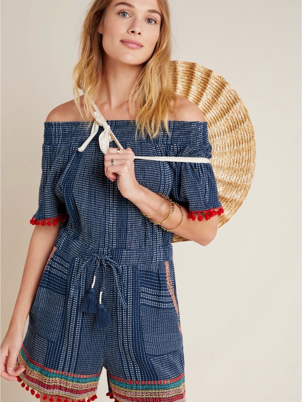 Anthropolgie RomperLacey Pommed Off-The-Shoulder